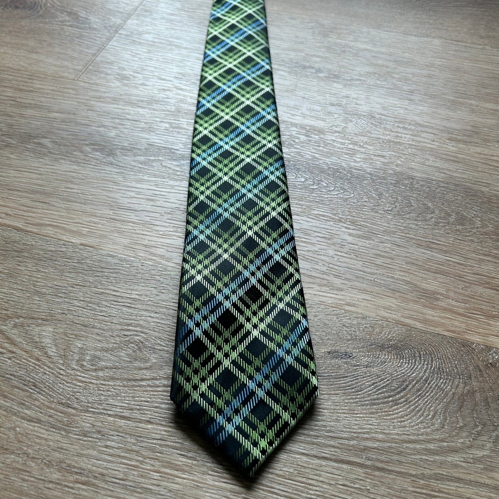Countess Mara Mens Silk Plaid Tie Green Blue Black Handmade Necktie Crown Logo